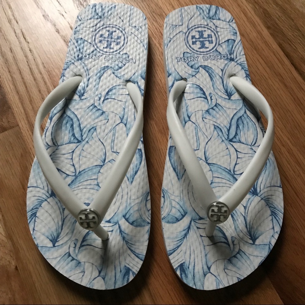 NWOT Girls Tory Burch thin flip flop white blue